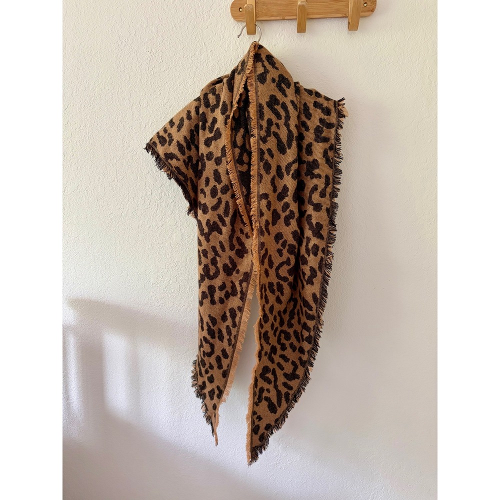 Leopard Print Blanket Scarf Oversized Square Frayed Edge Tan Black Animal Print